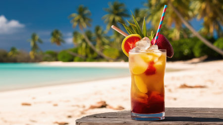 A refreshing tropical cocktail garnished with fruit sits on a wooden surface at a beautiful beach.の素材