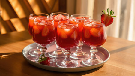 Five glasses of strawberry iced drinks sit on a tray, bathed in sunlight.の素材
