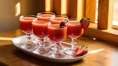 Five glasses of refreshing strawberry juice garnished with strawberries, arranged on a tray.の素材