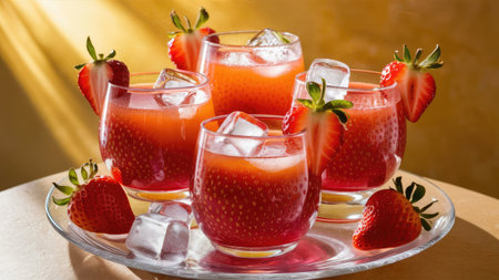 Four glasses of chilled strawberry drinks garnished with strawberries and ice cubes are elegantly displayed on a glass plate.の素材