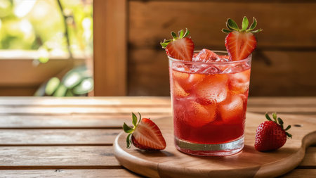 A glass of iced strawberry drink garnished with fresh strawberries sits on a wooden table.の素材