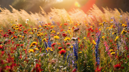 A vibrant and colorful display of wildflowers in a sunlit meadow, showcasing a variety of colors and textures.の素材