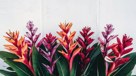 A close-up shot showcases a cluster of colorful heliconia flowers with rich red, orange, and pink hues against a textured white backdrop.の素材