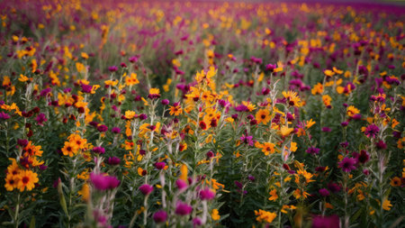 A vibrant wildflower meadow displays a profusion of yellow and purple wildflowers in full bloom, creating a stunning natural scene.の素材