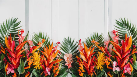 A vibrant arrangement of tropical flowers and leaves against a white wooden background creates a summery, exotic feel.の素材