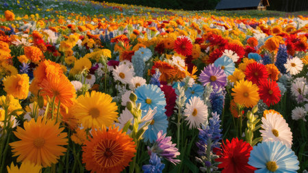 A vibrant summer meadow is filled with a profusion of colorful wildflowers basking in the sunlight.の素材