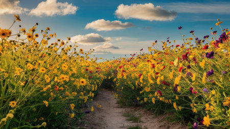 A dirt path winds through a vibrant field of wildflowers, predominantly yellow with pops of red and purple, under a bright blue sky.の素材