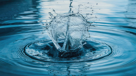 A close up image shows a water droplet's impact creating a stunning crown splash with concentric ripples on the surface.の素材
