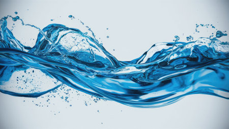 Blue water splash isolated on white background with copy space for your textの素材
