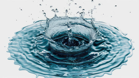 A close up image shows a droplet of water impacting a still surface creating a crown splash with concentric ripples.の素材