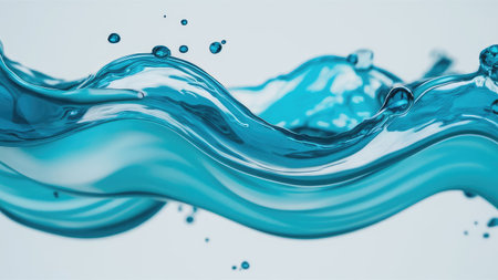 An abstract image showcasing a flowing wave of vibrant blue water with several small droplets.の素材