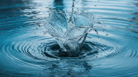 A high speed photograph captures the moment a water droplet impacts the surface creating a beautiful splash and concentric ripples.の素材