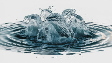 An abstract image depicting multiple water splashes forming unique shapes within a calm body of water, creating a visually striking contrast.の素材