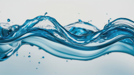An image showing a dynamic abstract depiction of blue water waves splashing with droplets.の素材
