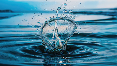 A single water droplet's impact creates a beautiful splash with concentric ripples on a serene blue water surface.の素材