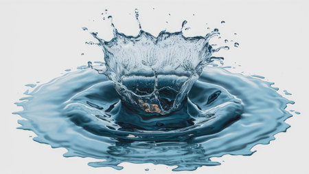 The image showcases a striking water droplet impact resulting in a crown-shaped splash with concentric ripples.の素材