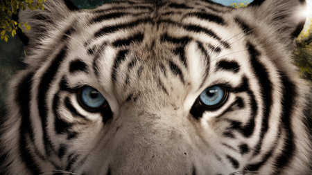Close-up of a white tiger's face with blue eyes.の素材