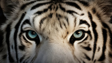 Close-up of a white tiger with blue eyes and black stripesの素材