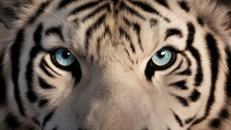 Close-up of a tiger's face with blue eyes on a white backgroundの素材