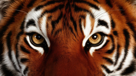 Close-up of a tiger's face with a white background.の素材
