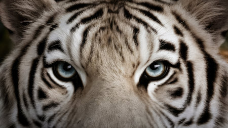 Close-up of a white tiger's face with big blue eyesの素材