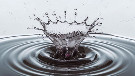 Falling drops of water. Splash effect after collision a falling drops with water Surfaceの素材