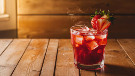 Strawberry mojito in a glass on a wooden tableの素材