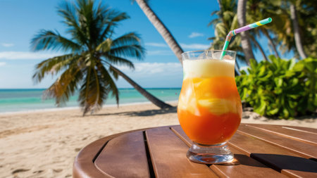 Cocktail on the beach with palm trees and sea in backgroundの素材