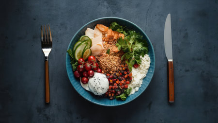 Healthy breakfast bowl with rice, vegetables and fruits on dark blue backgroundの素材