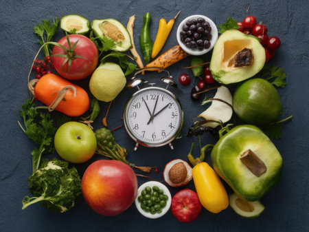 Healthy food background with clock and fruits and vegetables. Top viewの素材