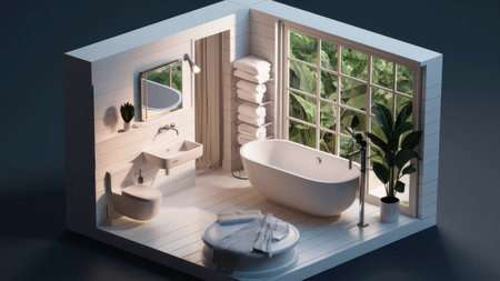 Interior of modern bathroom with bathtub and toilet. 3D renderingの素材