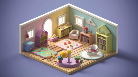 3d isometric children's room interior with toys and furniture, 3d illustrationの素材