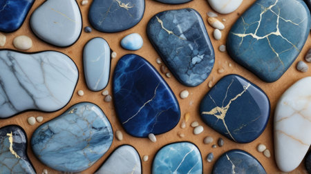 Blue and white marble stones on brown background. Top view. Flat lay.の素材