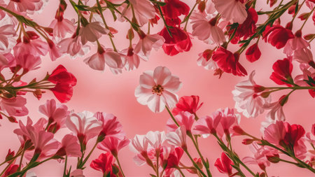 Pink and white flowers on a pink background. Flat lay, top view.の素材