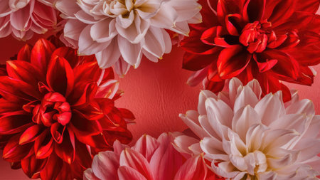 Beautiful red and white dahlia flowers on a red backgroundの素材