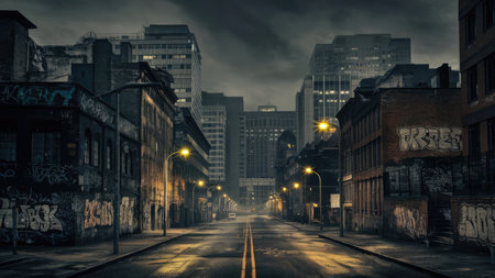 Street with old buildings in New York City at night, USA.の素材