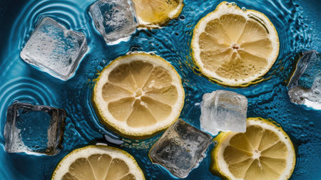 Ice cubes and lemon slices in blue water with splashes, top viewの素材