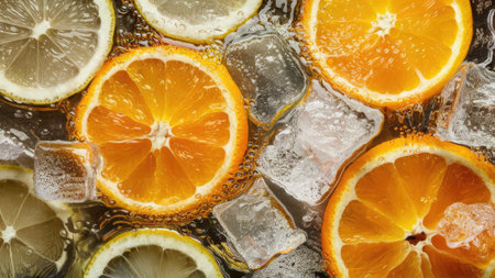 Slices of orange, lemon and ice in water close upの素材