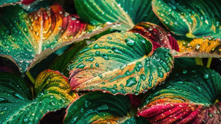 Close up of green and red hosta leaves with dew dropsの素材