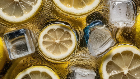 Closeup of ice cubes and lemon slices in a cold refreshing drinkの素材