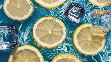 Lemon slices and ice cubes on blue water surface, top viewの素材