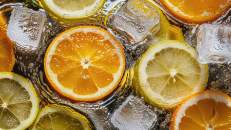 Close up of ice cubes with slices of orange, lemon and limeの素材