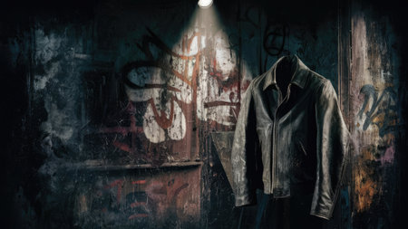 Hooded man in a dark room with graffiti on the wallの素材