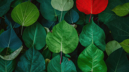 Green and red leaves background. Colorful leaves texture. Tropical leaf background.の素材