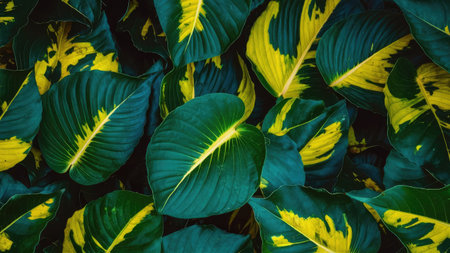 Close up of green and yellow variegated leaves texture background.の素材