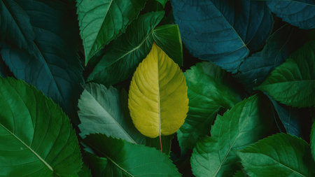 Green leaves background. Nature and environment concept. Top view, flat lay.の素材