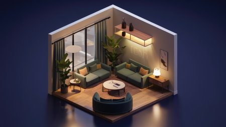 Interior of the living room isometric view. 3D renderingの素材
