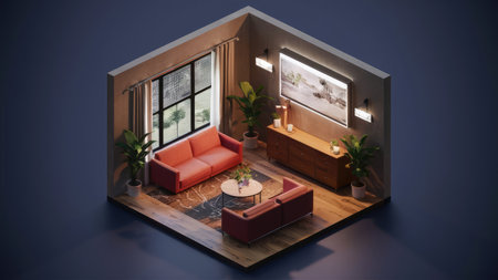 Interior of the living room in isometric view 3D renderingの素材