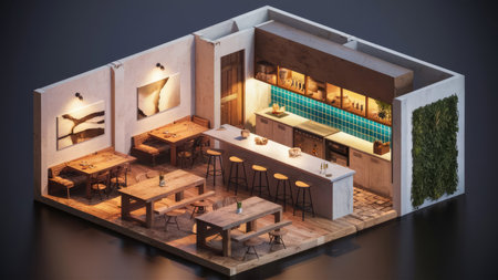 3D rendering of a restaurant interior design. 3D illustration.の素材