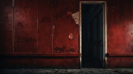 Horror scene with old door and red wall, 3d renderの素材